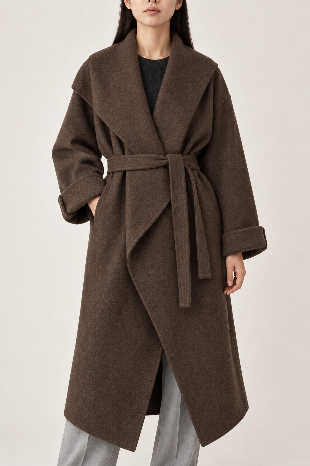 Merino Cape-Shawl Coat, Coffee Brown, front