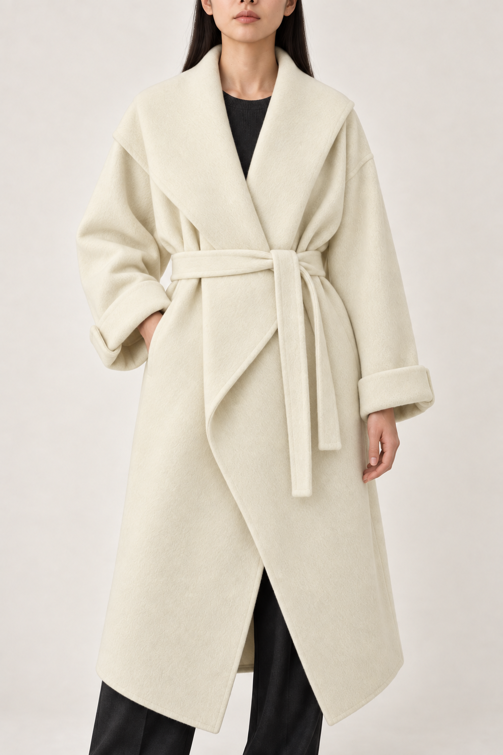 Merino Cape-Shawl Coat, Cream, front