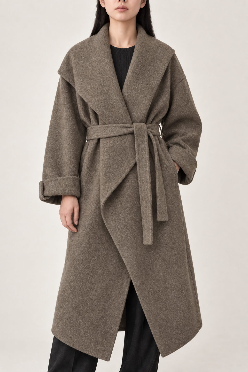 Merino Cape-Shawl Coat, Taupe Brown, front