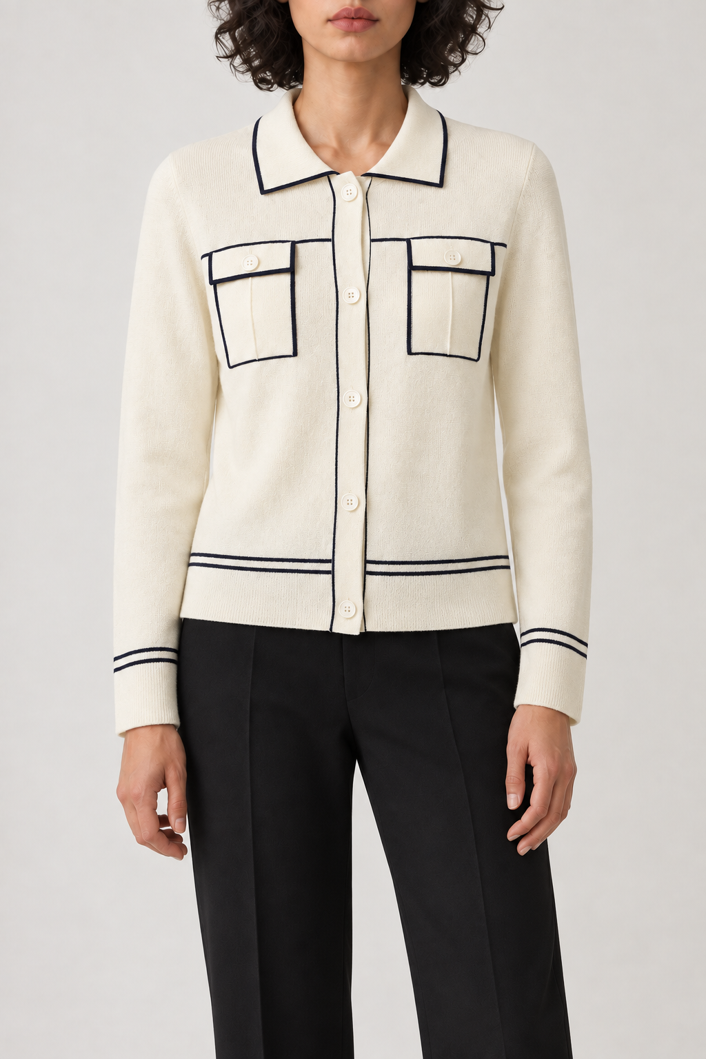 Merino Chest-Pocket Cardigan, Ivory, front