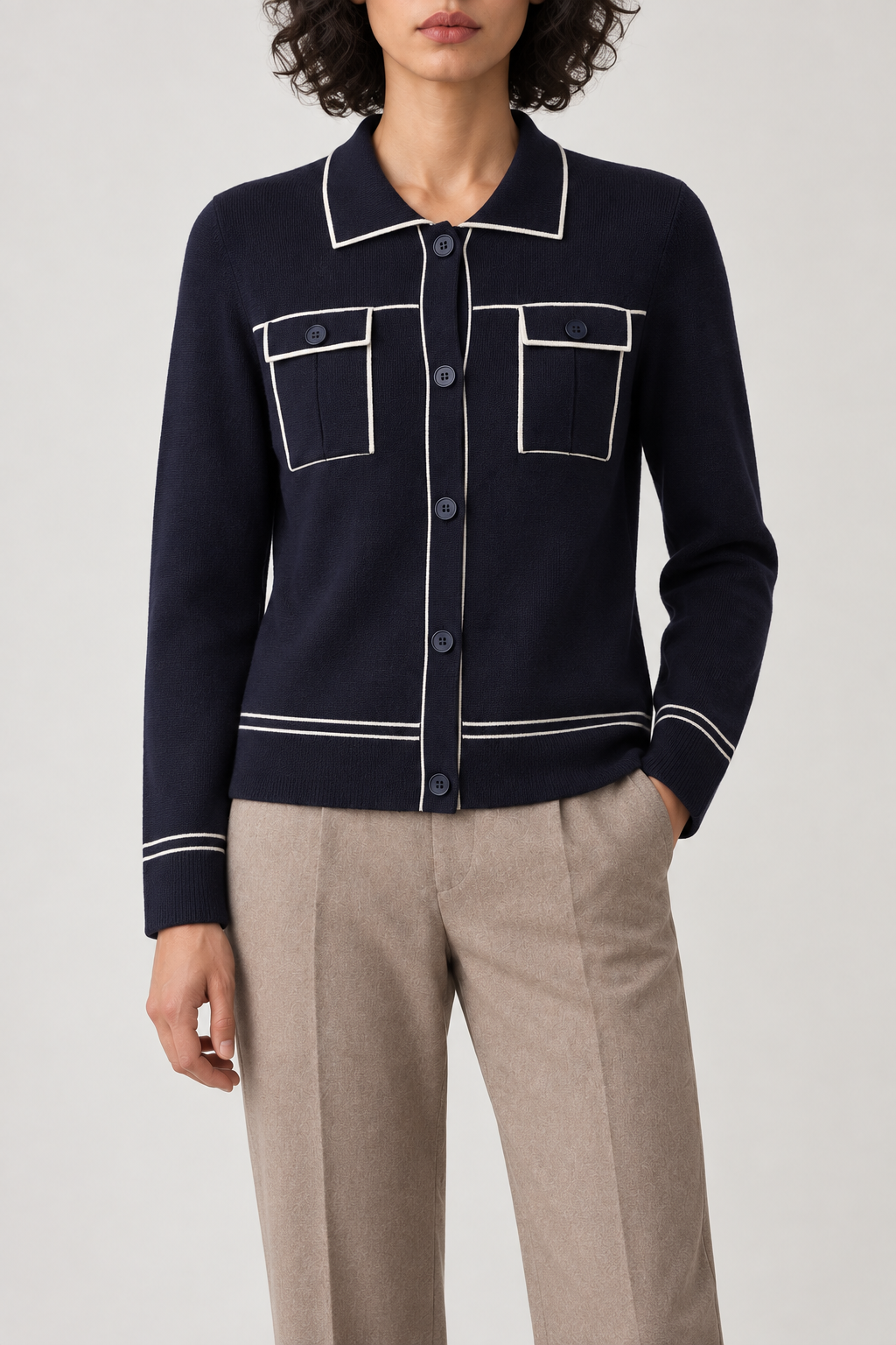 Merino Chest-Pocket Cardigan, Navy, front