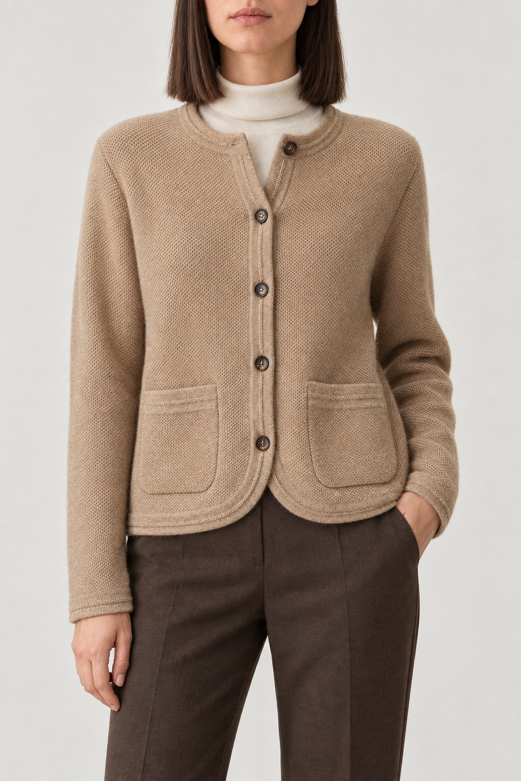 Merino Collarless Cardigan, Camel Beige, front