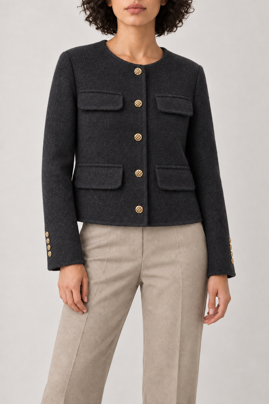 Merino Collarless Coat, Charcoal, front