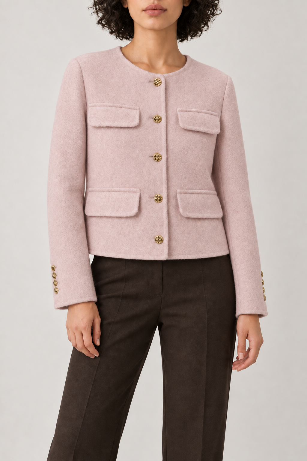 Merino Collarless Coat, Dusty Pink, front