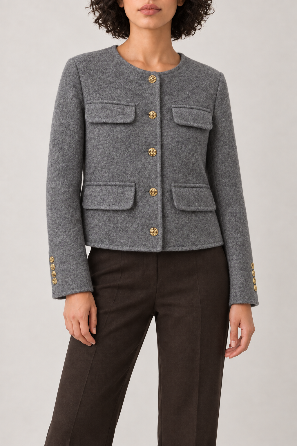 Merino Collarless Coat, Heather Grey, front