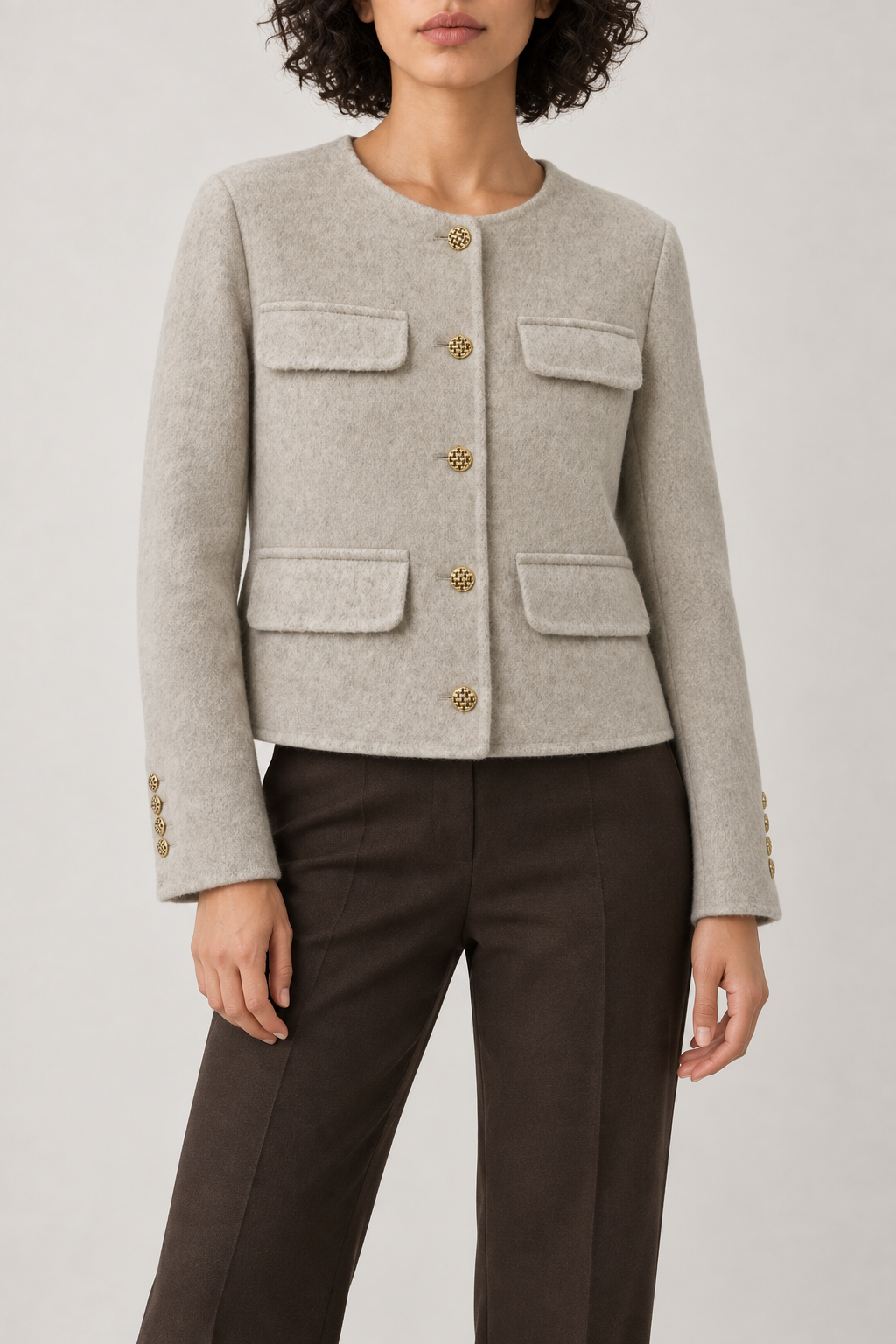 Merino Collarless Coat, Khaki Greige, front