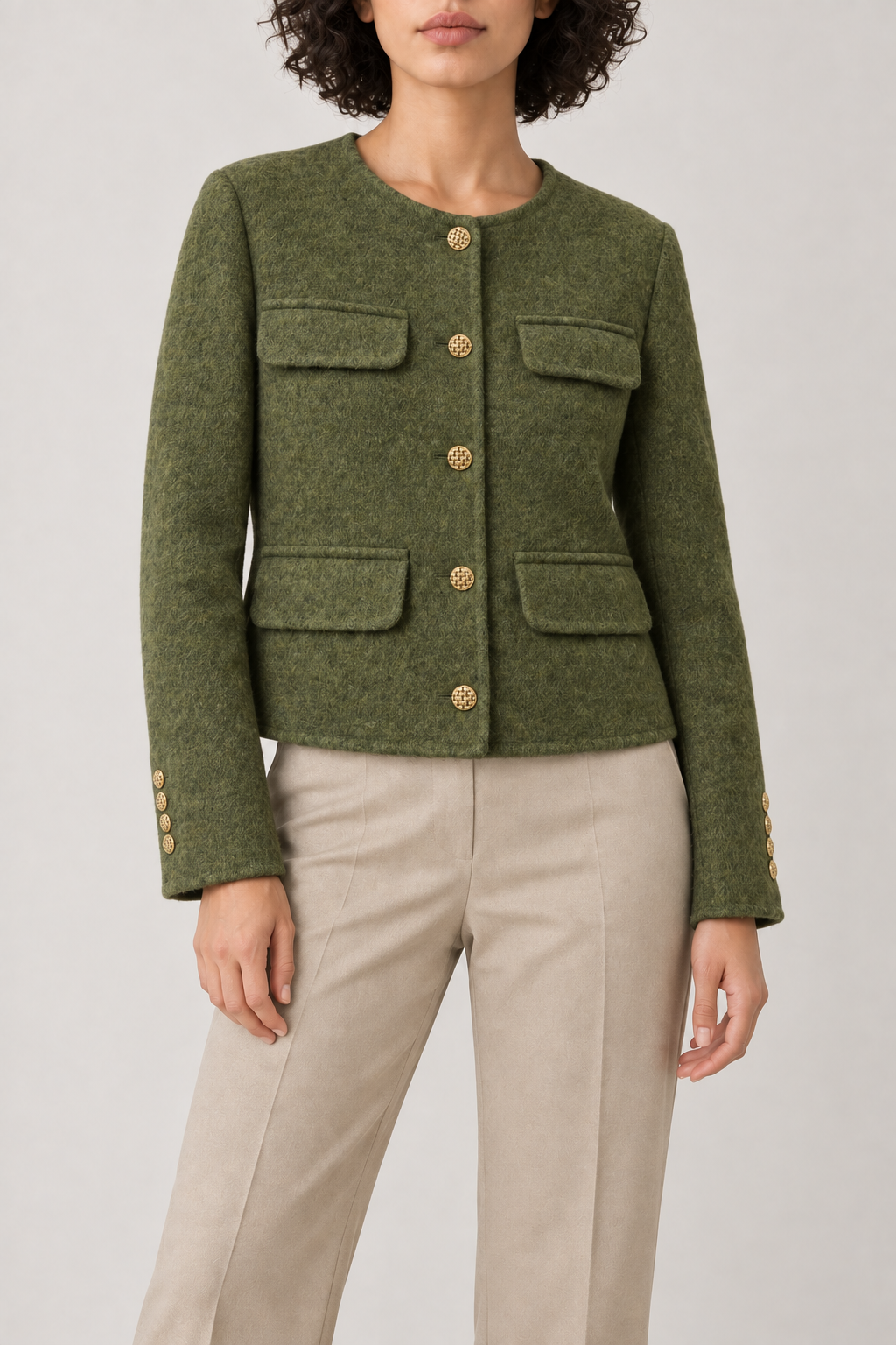 Merino Collarless Coat, Olive Green, front