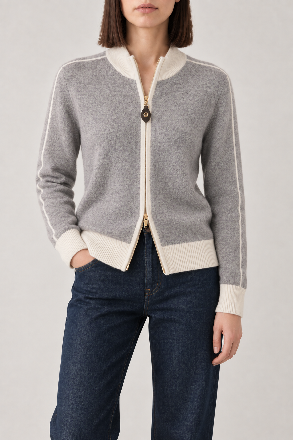 Merino Color-Block Zip Jacket, Cloud Grey, front