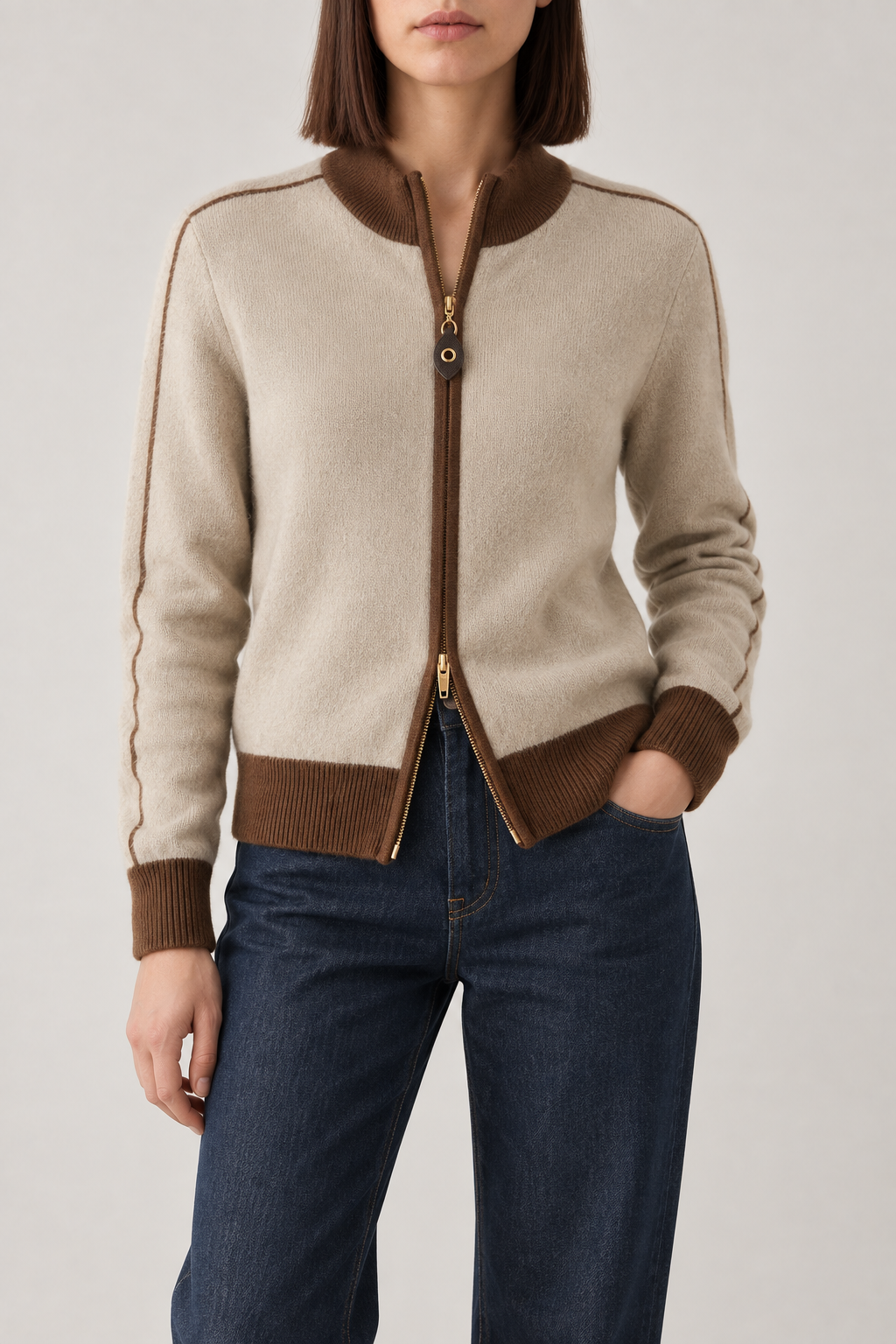 Merino Color-Block Zip Jacket, Oat Beige, front