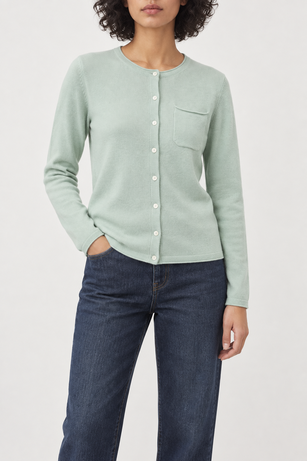Merino Crewneck Cardigan, Sage Green, front