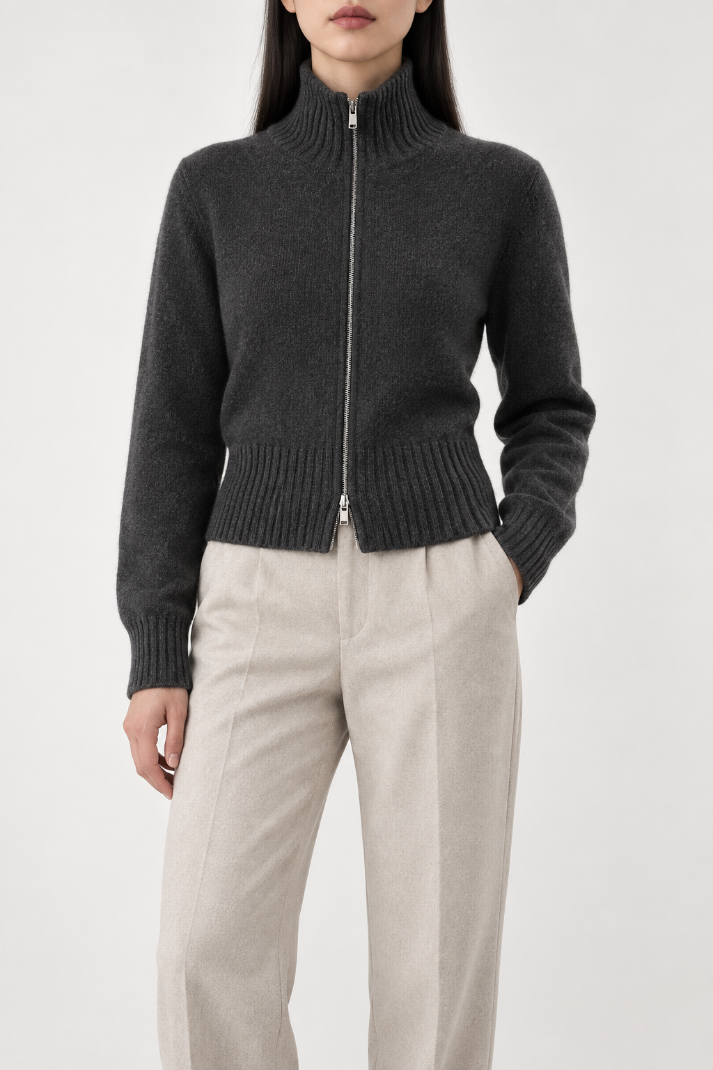 Merino Cropped Zip Jacket, Charcoal Grey, front