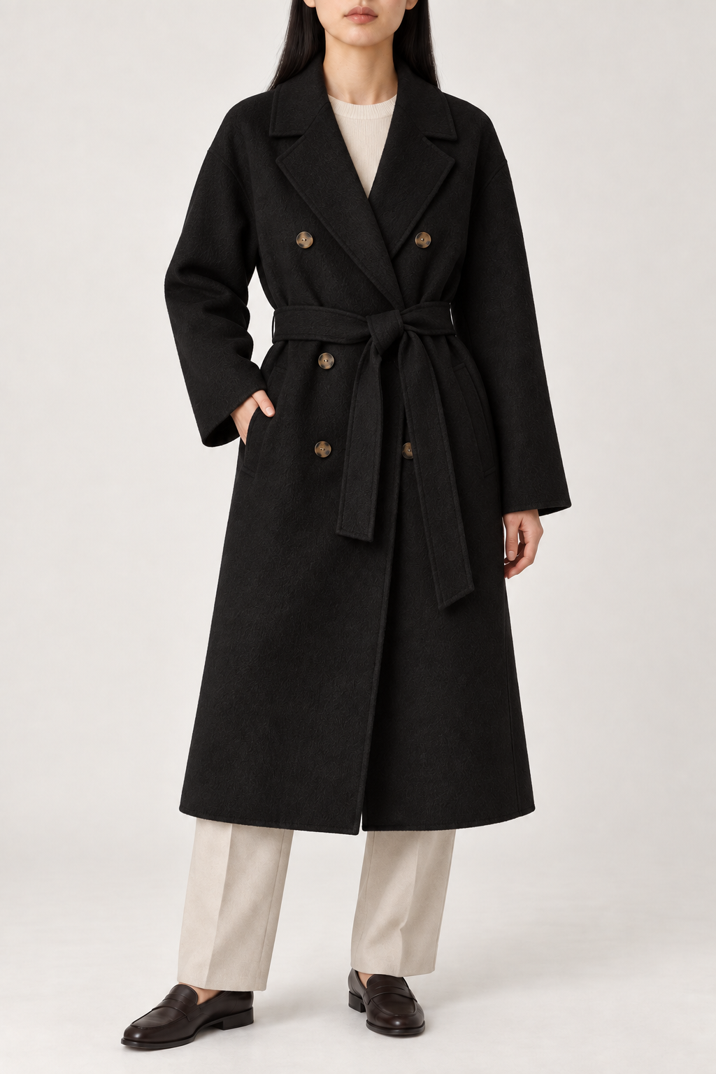 Merino Double-Breasted Coat, Black, front