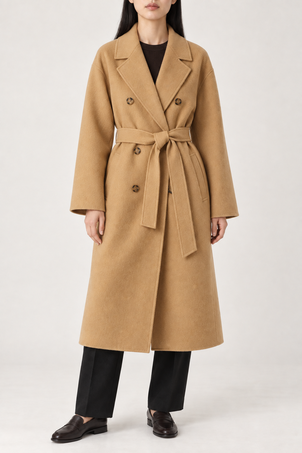 Merino Double-Breasted Coat, Camel, front