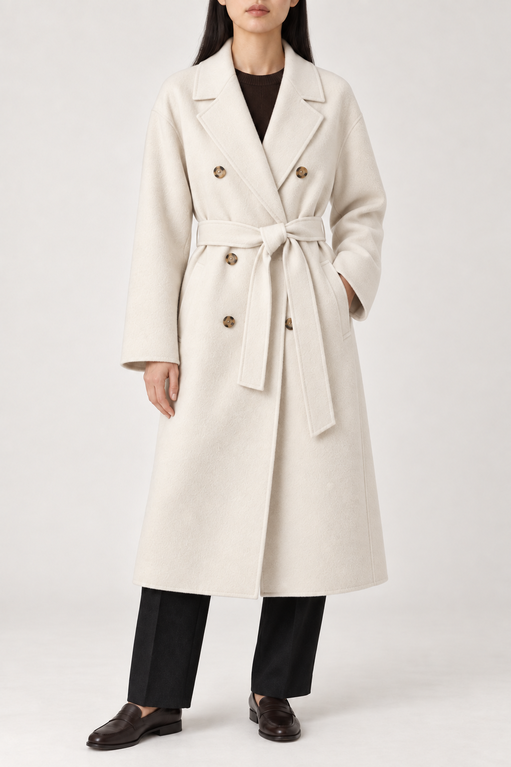 Merino Double-Breasted Coat, Soft White, front