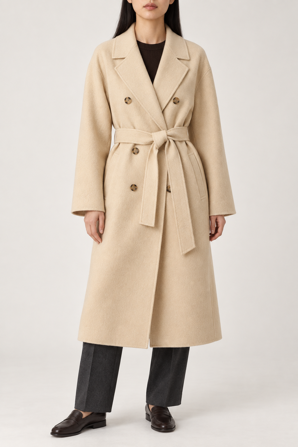 Merino Double-Breasted Coat, Warm Beige, front