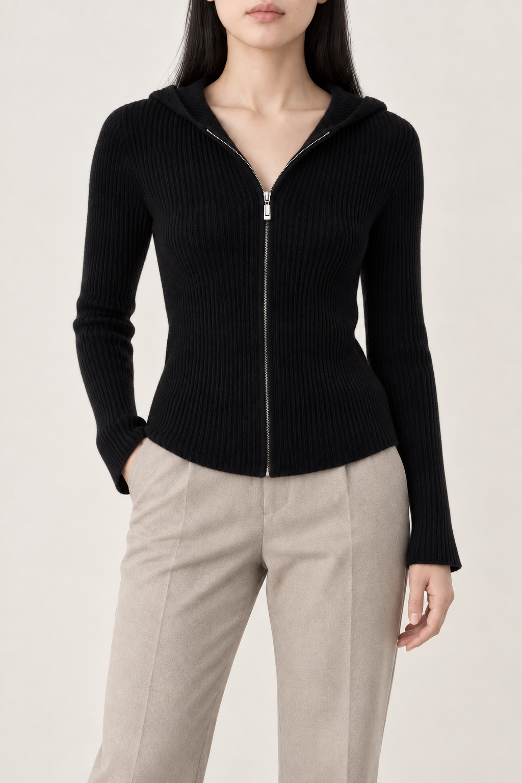 Merino Fitted Zip Hoodie, Black, front