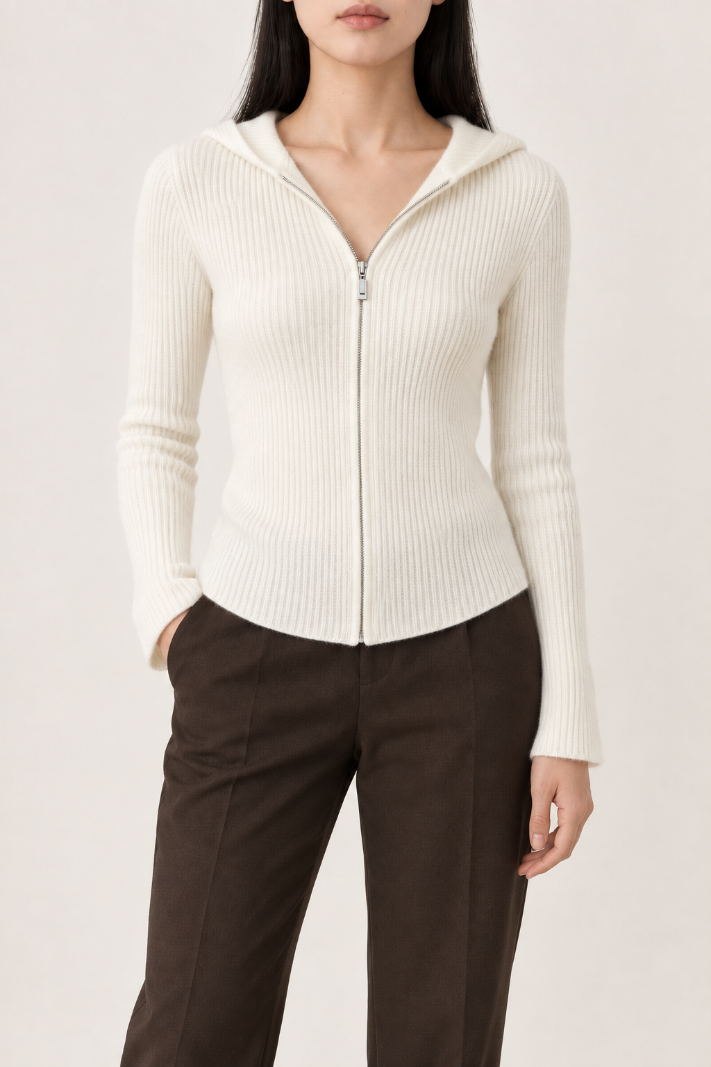 Merino Fitted Zip Hoodie, Ivory, front