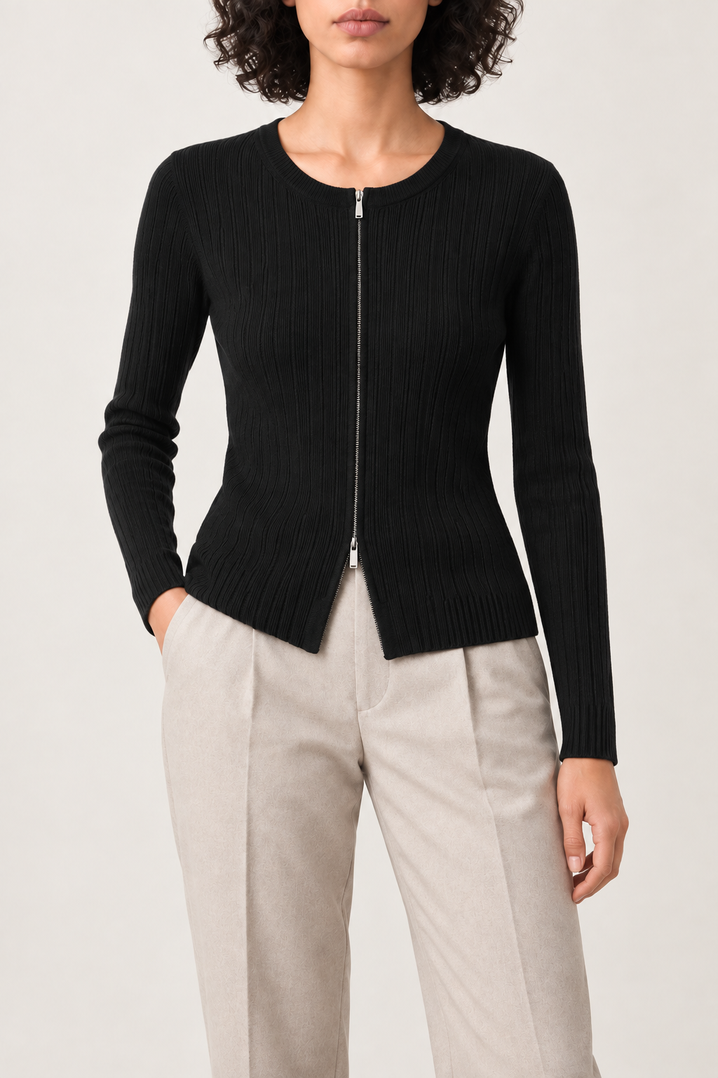 Merino Fitted Zip Jacket, Black, front