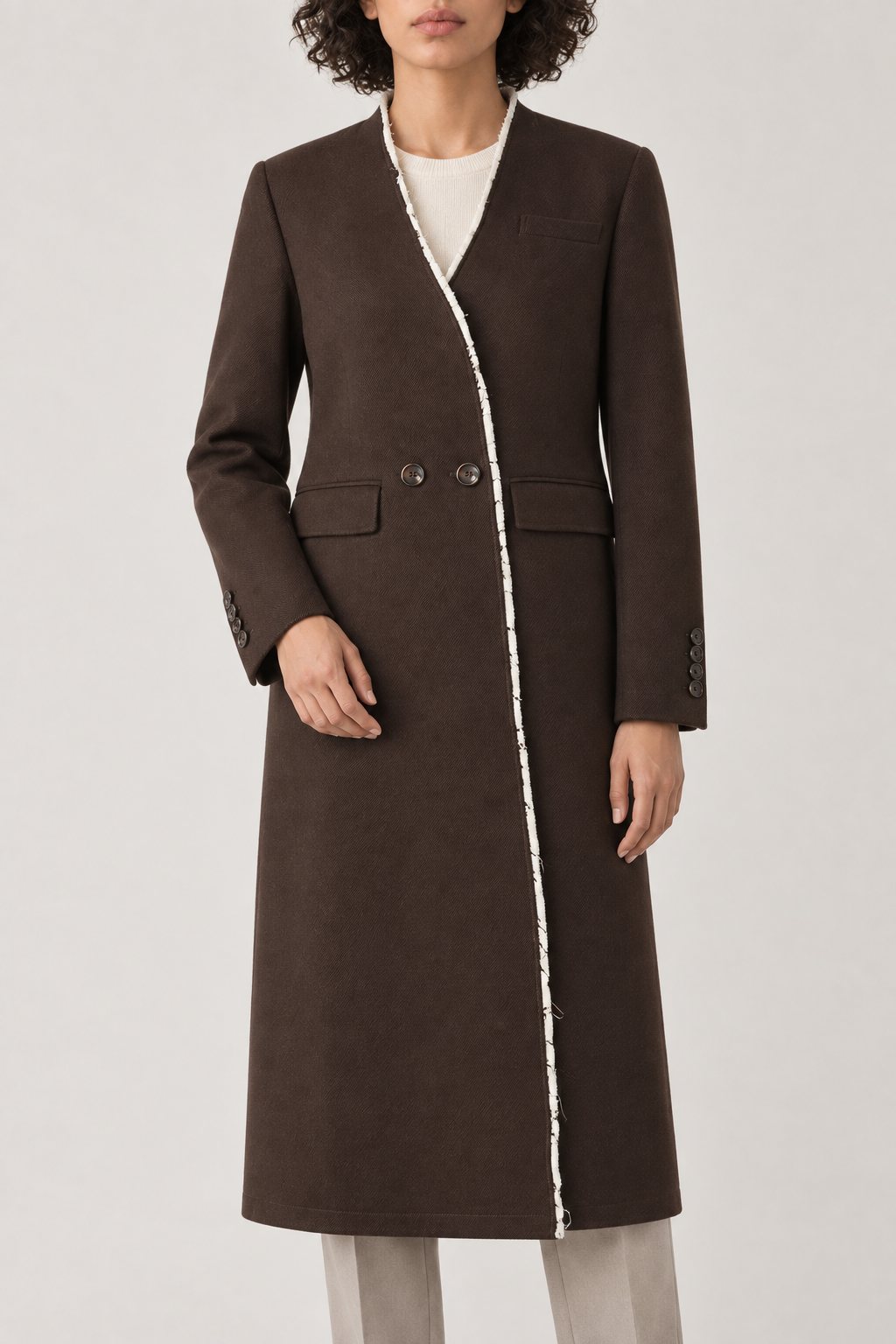 Merino Fringe-Trim Coat, Poplar Brown, front