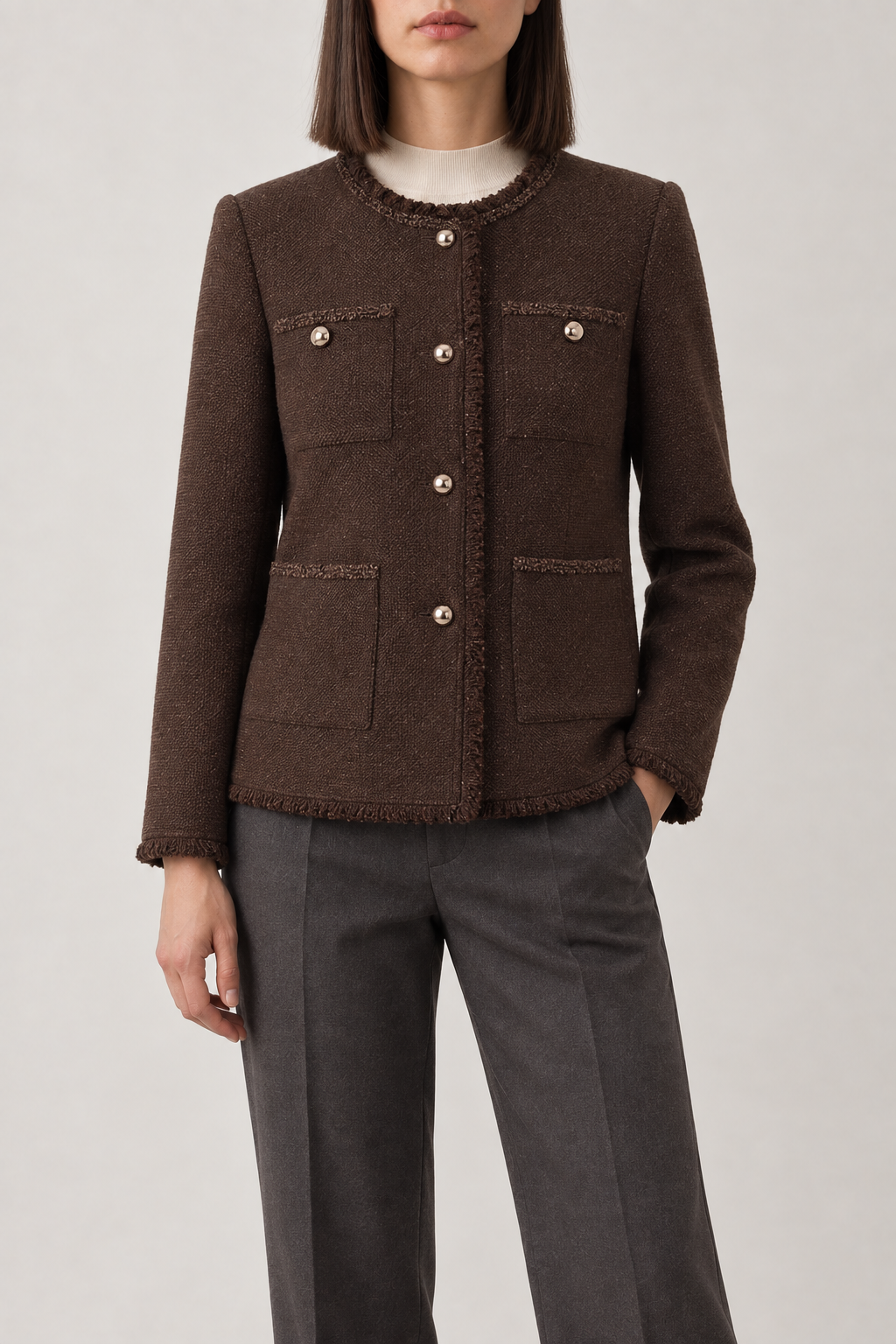 Merino Fringe-Trim Tweed Jacket, Poplar Brown, front