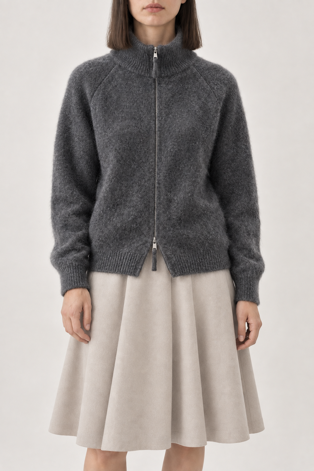 Merino Funnel-Neck Zip Jacket, Dark Grey, front