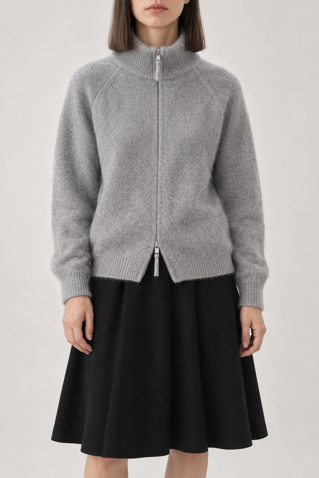 Merino Funnel-Neck Zip Jacket, Heather Grey, front