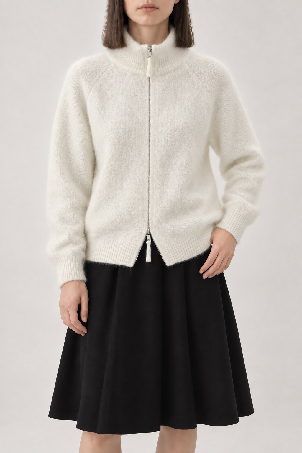 Merino Funnel-Neck Zip Jacket, Ivory, front
