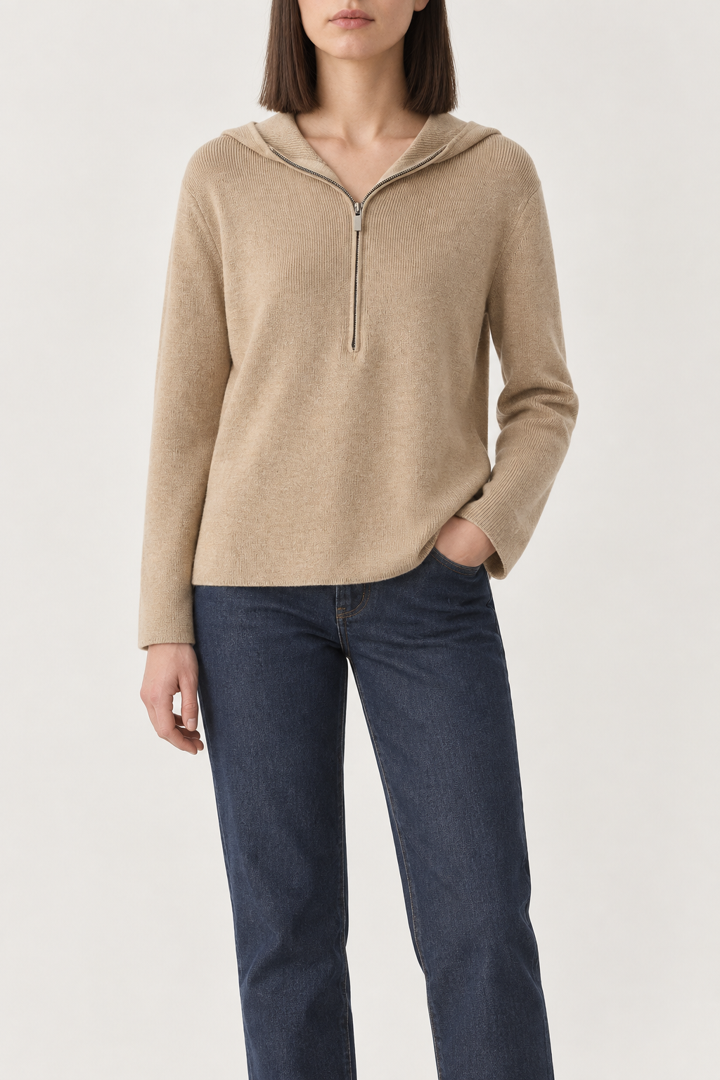 Merino Half-Zip Hoodie, Camel Beige, front