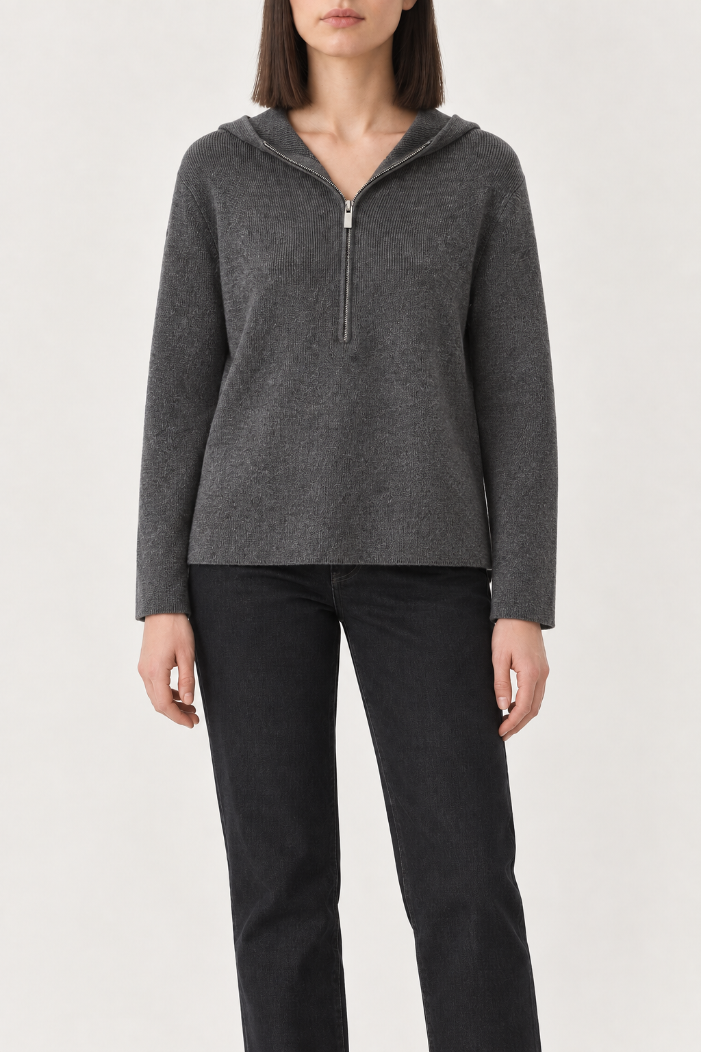 Merino Half-Zip Hoodie, Heather Grey, front