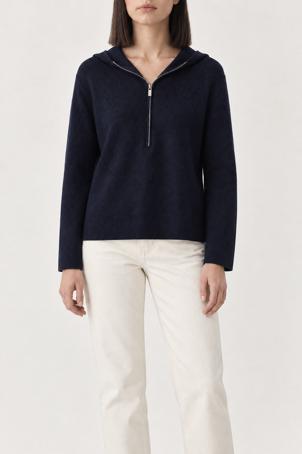 Merino Half-Zip Hoodie, Midnight Navy, front