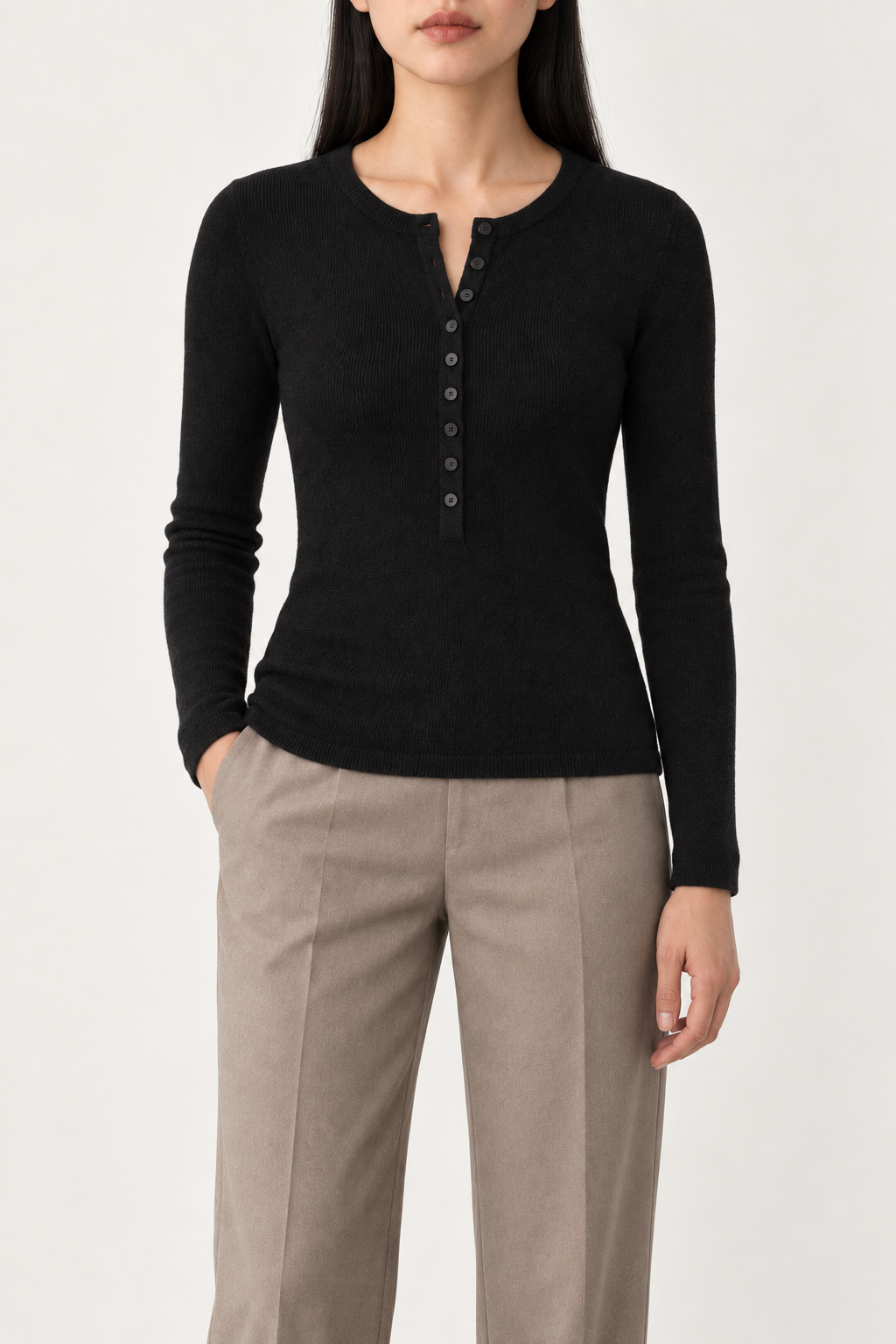 Merino Henley Sweater, Black, front