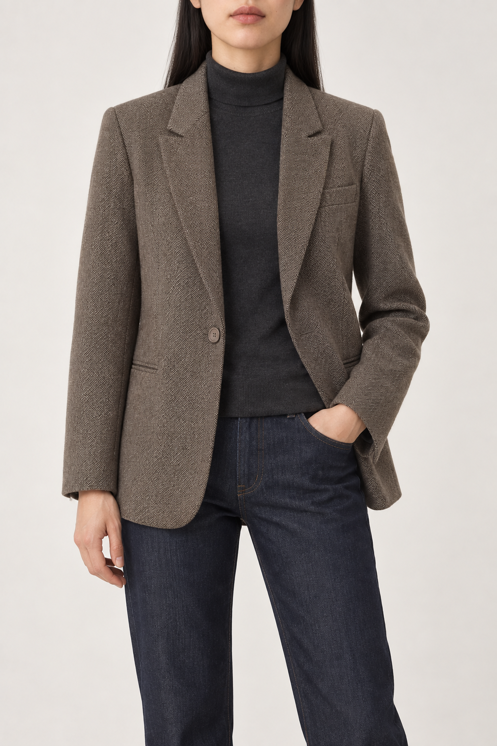 Merino Herringbone Blazer, Olive Tweed, front