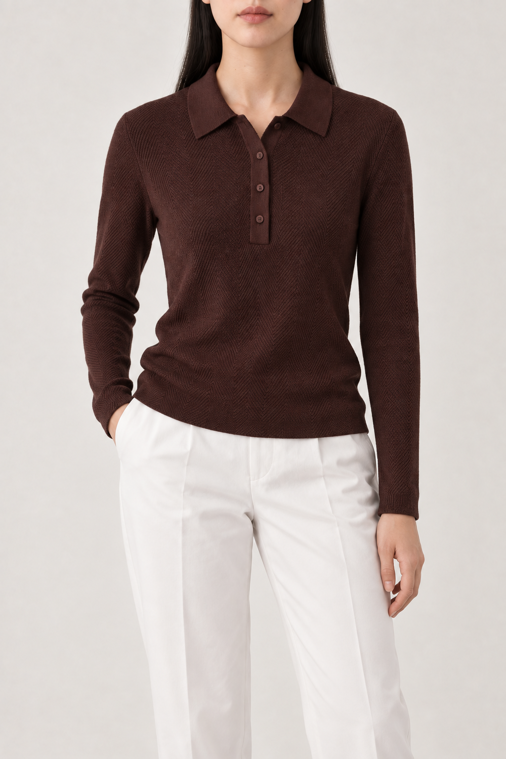 Merino Herringbone Polo, Chestnut, front