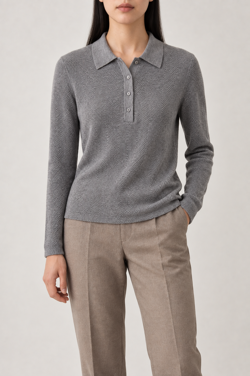 Merino Herringbone Polo, Mid Grey, front