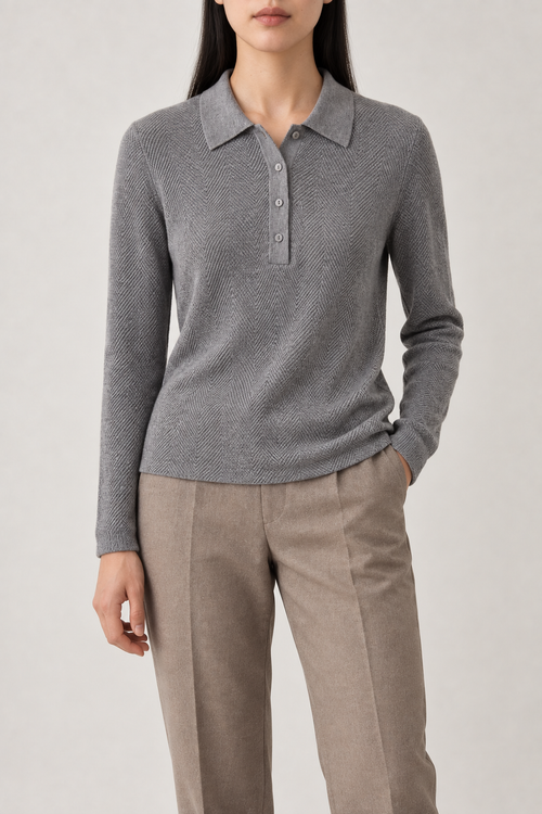 Merino Herringbone Polo, Mid Grey, front