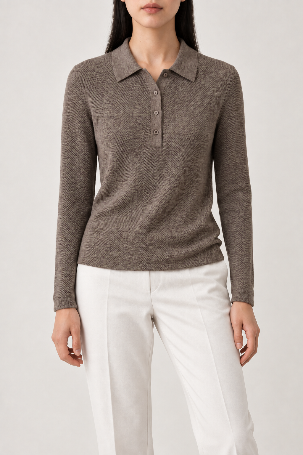 Merino Herringbone Polo, Taupe, front