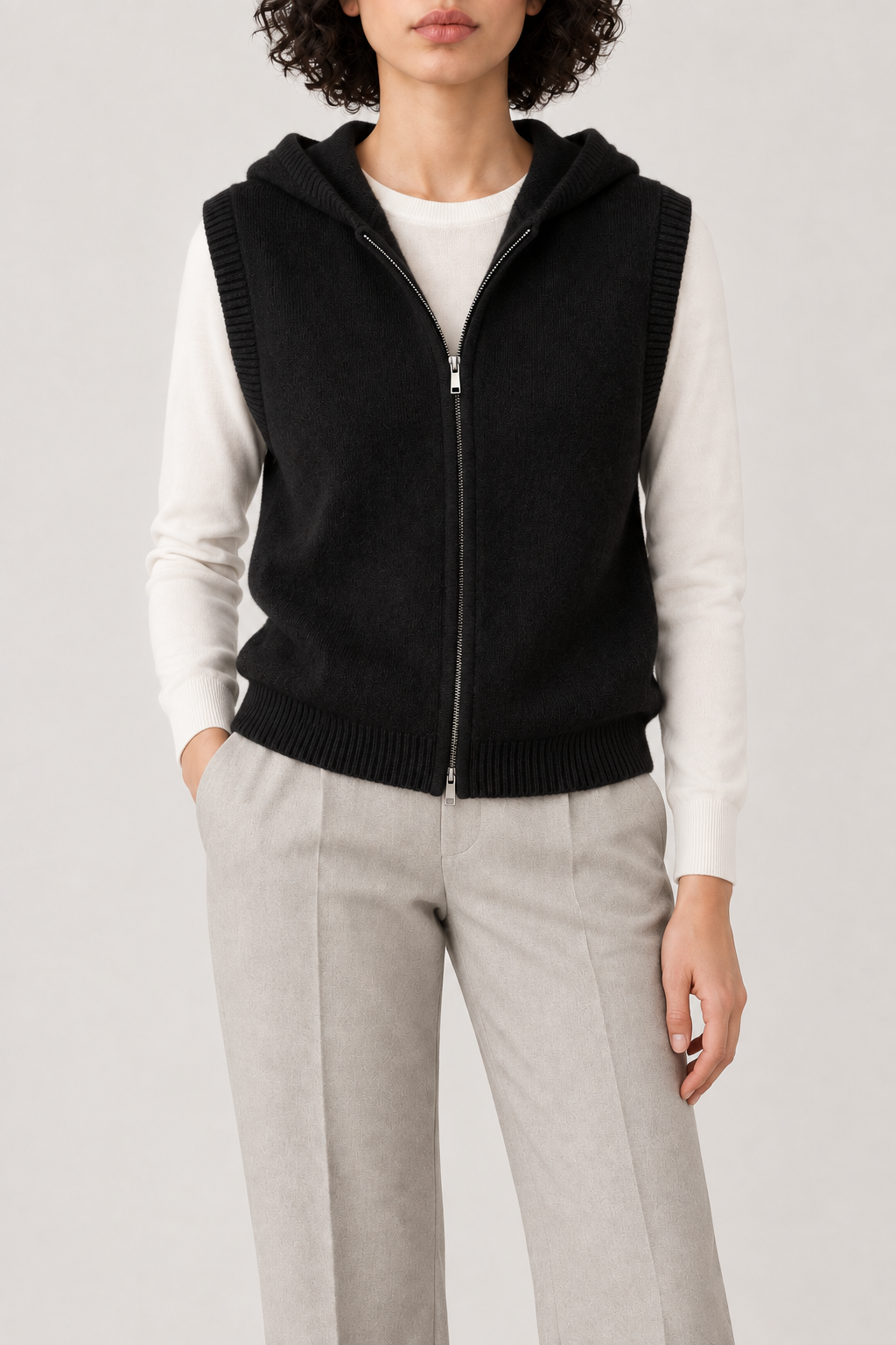 Merino Hooded Zip Vest, Black, front