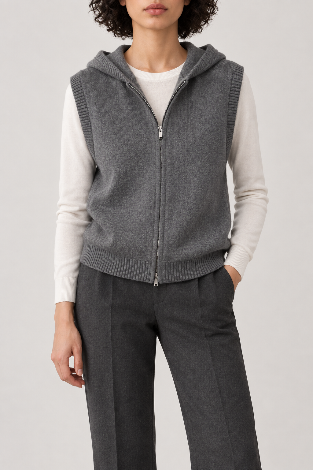 Merino Hooded Zip Vest, Heather Grey, front