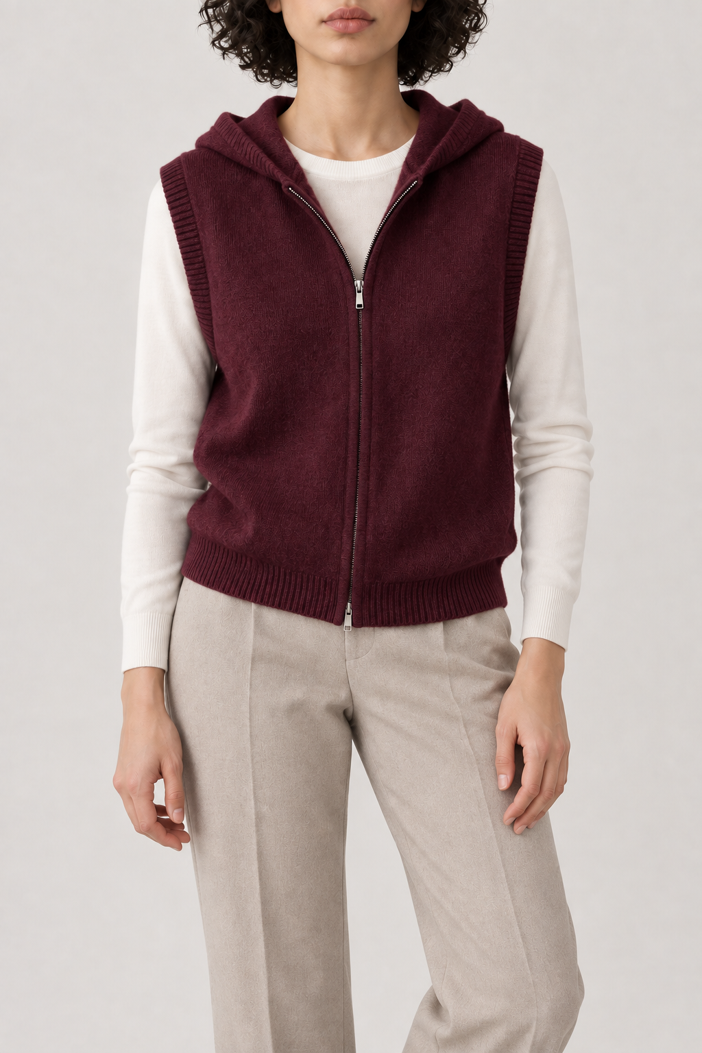 Merino Hooded Zip Vest, Wine, front