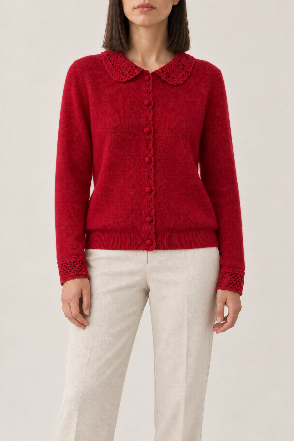 Merino Lace-Trim Cardigan, Cherry Red, front