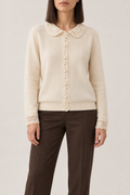 Merino Lace-Trim Cardigan, Cream Beige, front