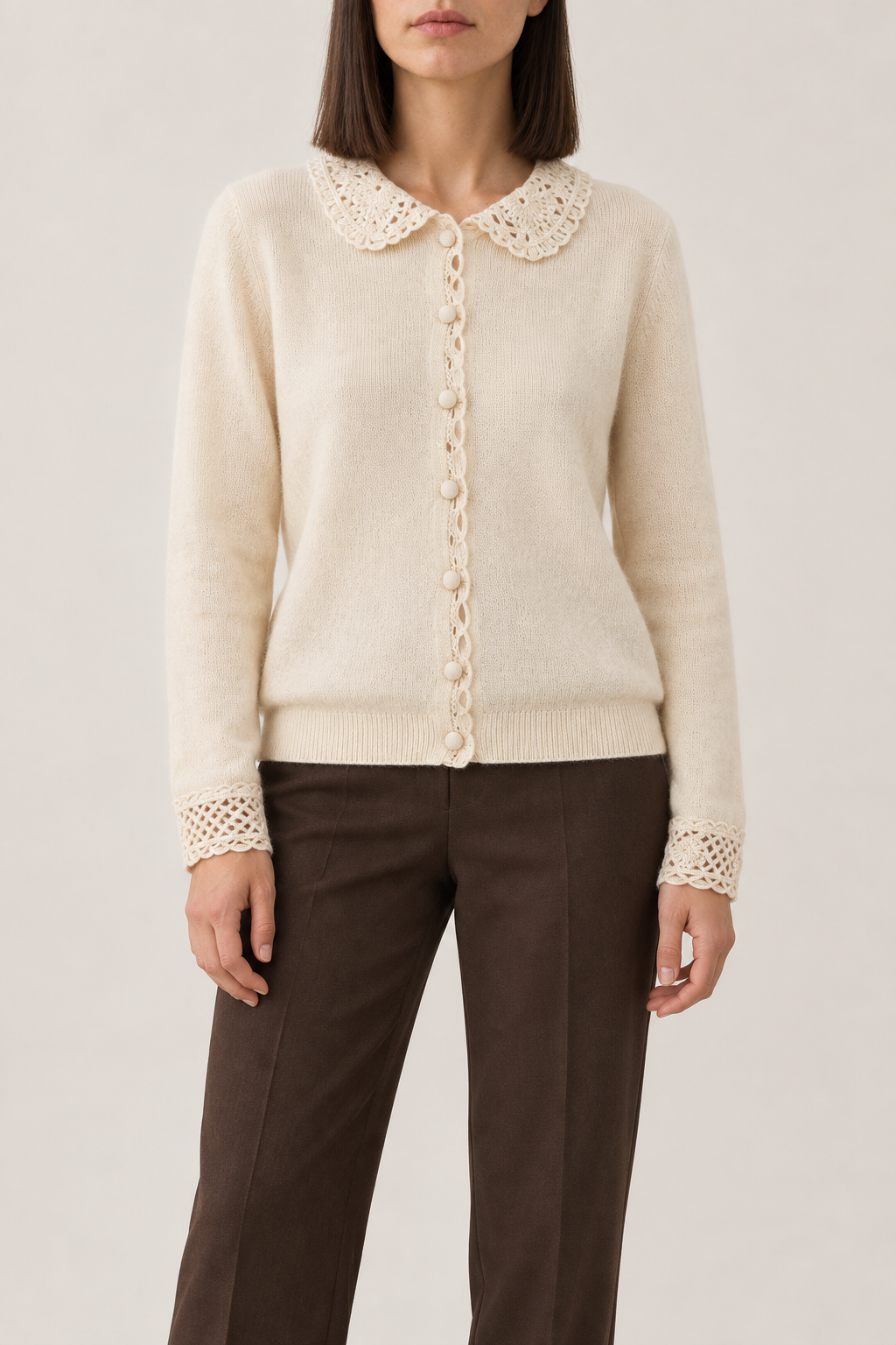 Merino Lace-Trim Cardigan, Cream Beige, front