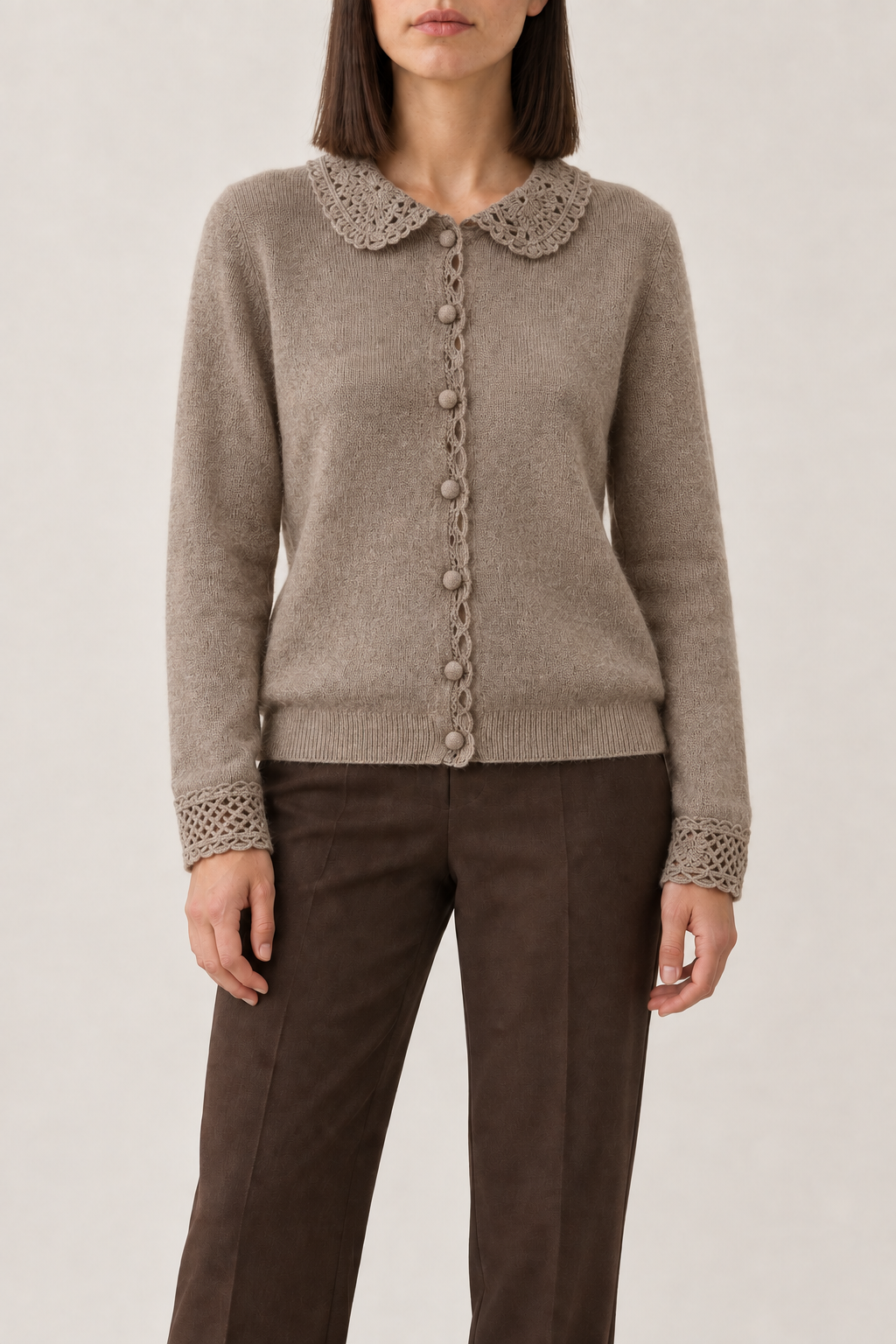 Merino Lace-Trim Cardigan, Taupe, front