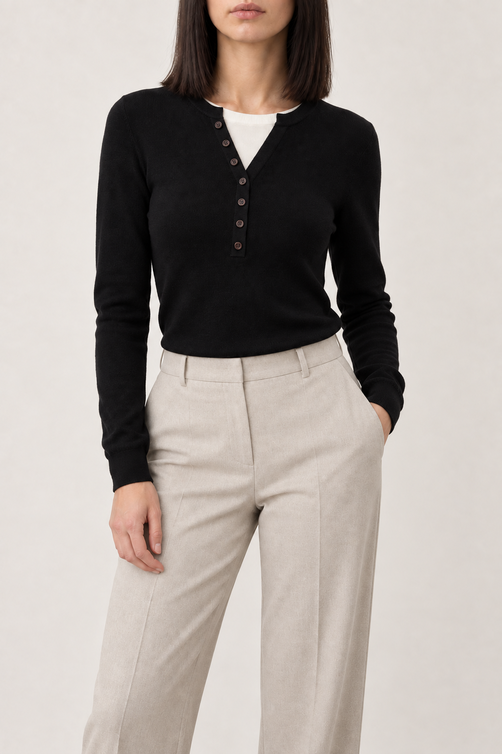 Merino Layered Henley Sweater, Black, front