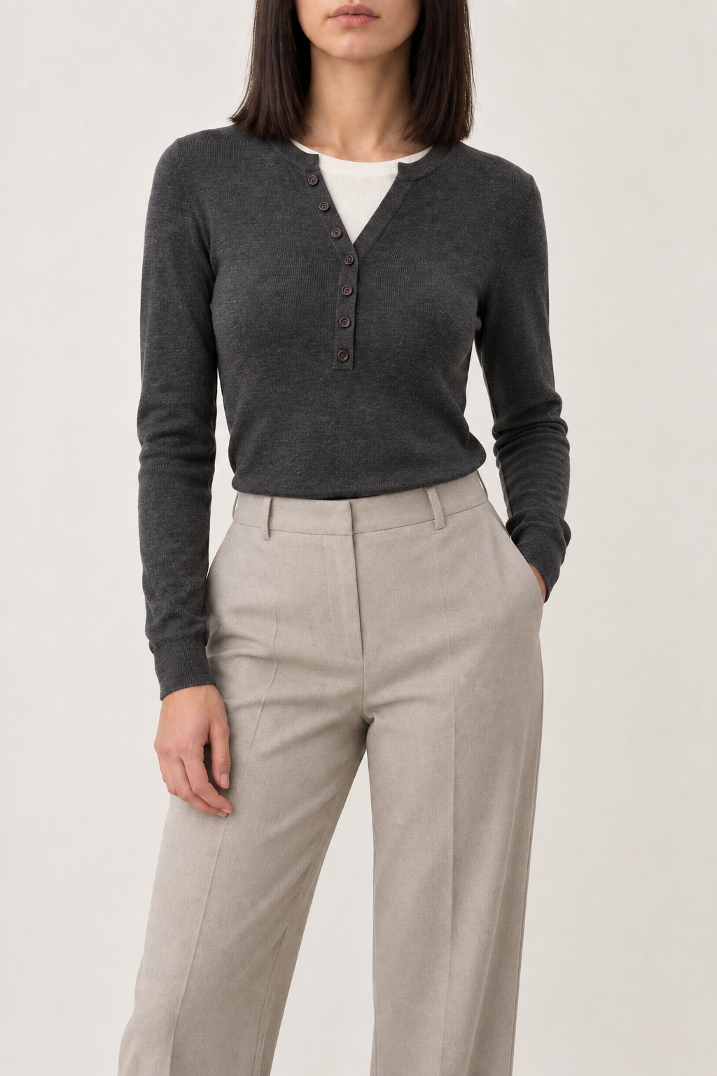 Merino Layered Henley Sweater, Charcoal, front