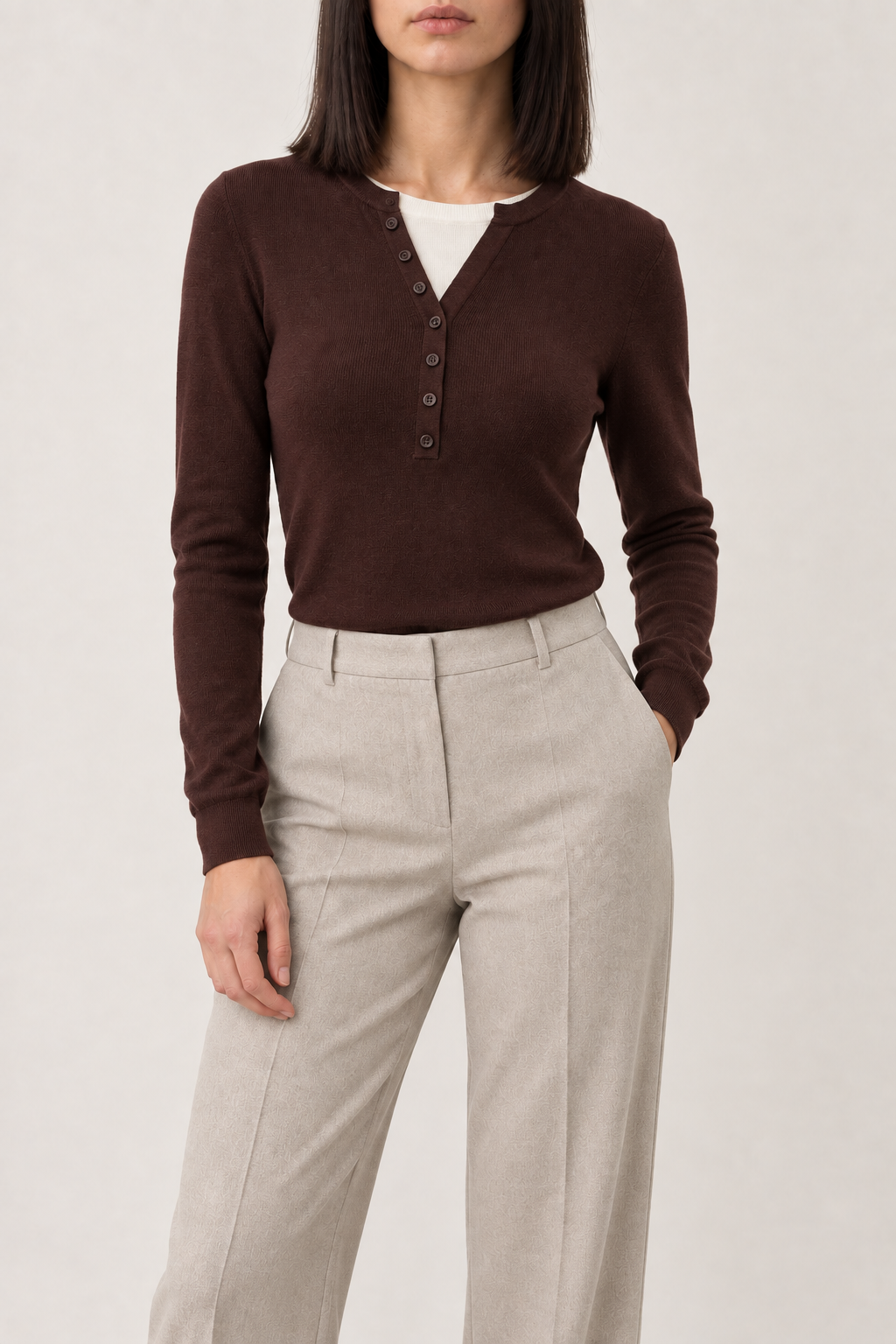 Merino Layered Henley Sweater, Chestnut, front