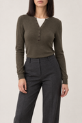 Merino Layered Henley Sweater, Olive Brown, front