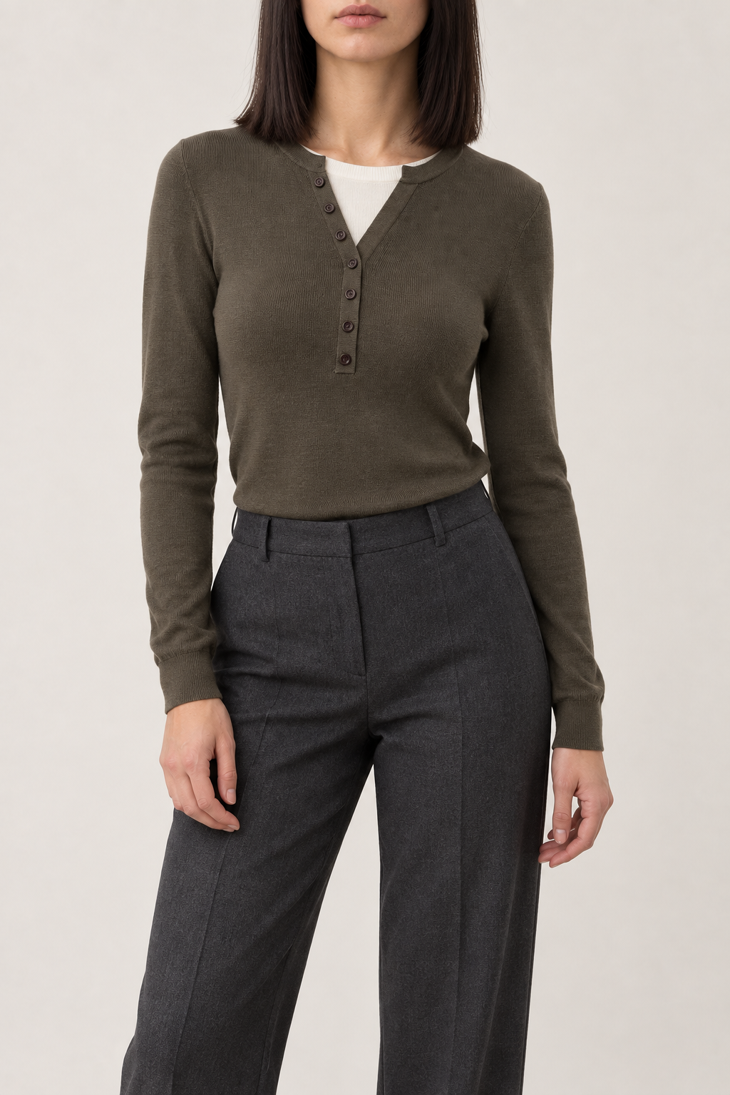Merino Layered Henley Sweater, Olive Brown, front