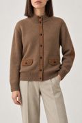 Merino Leather-Trim Cardigan, Milk Coffee, front