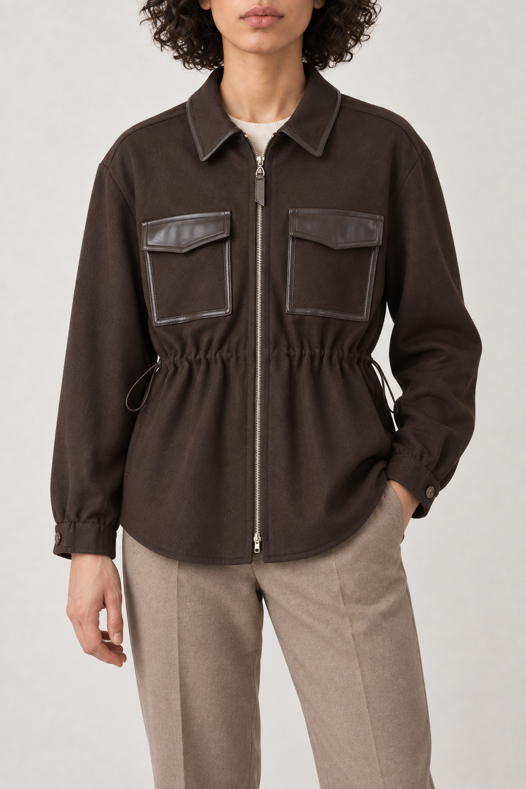 Merino Leather-Trim Shirt Jacket, Chocolate Brown, front